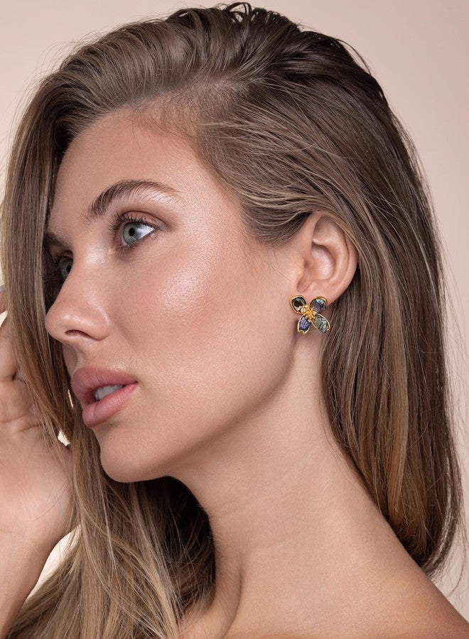 SNGIA 18K gold plated Mother of Pearl Flower Stud Statement Earrings for Women by SNGIA, Dainty Bold Retro Handmade Trendy Natural Sea Abalone Shell Floral Bohemian Jewelry Gifts, Small Unique Baroque Turquoise Stone Summer Beach Fashion Earrings Accessories, Vintage Gemstone Nickle Free Huggies Earrings. - Image 2